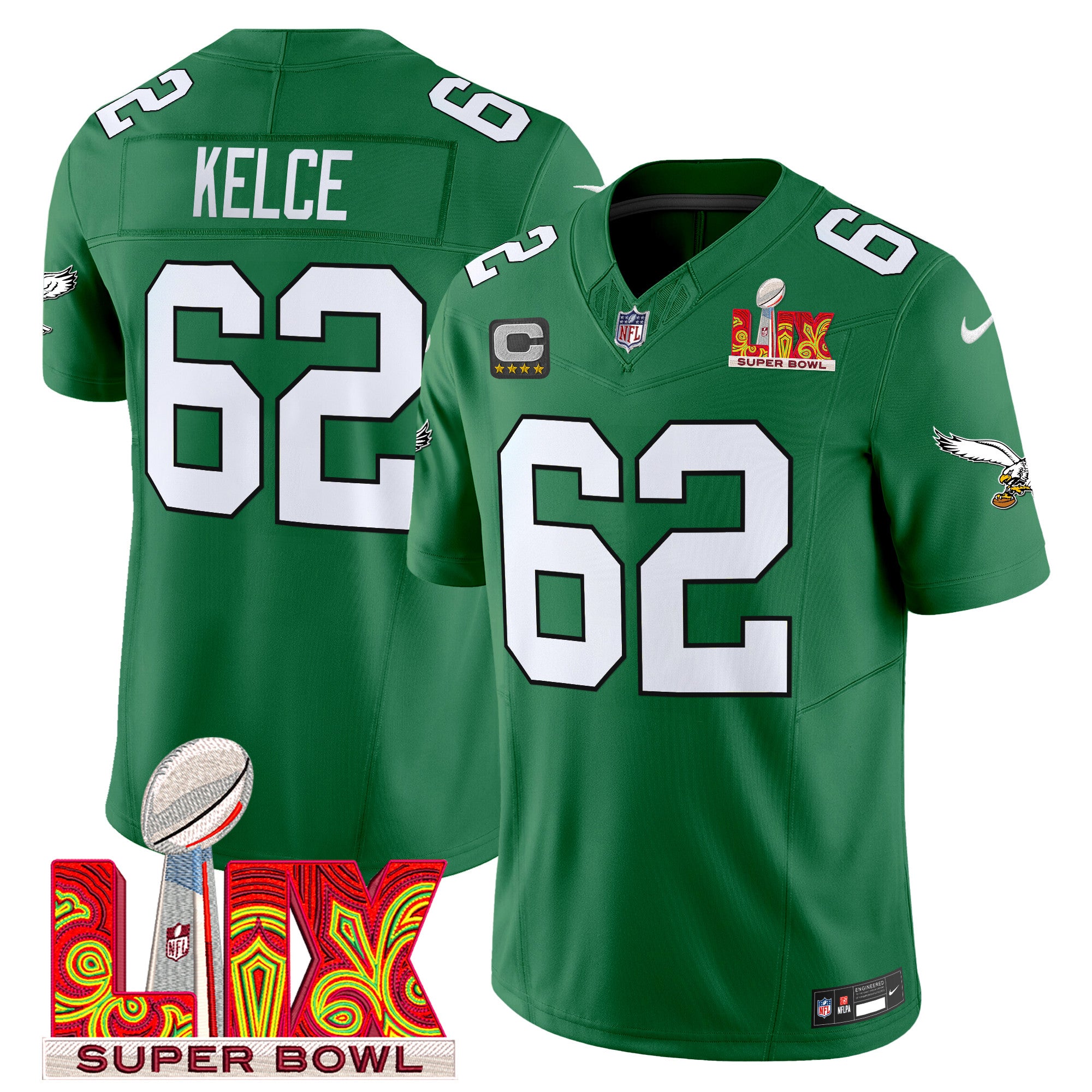 Men's Philadelphia Eagles Kelly Green Super Bowl LIX Patch Vapor Limited Jersey - All Stitched