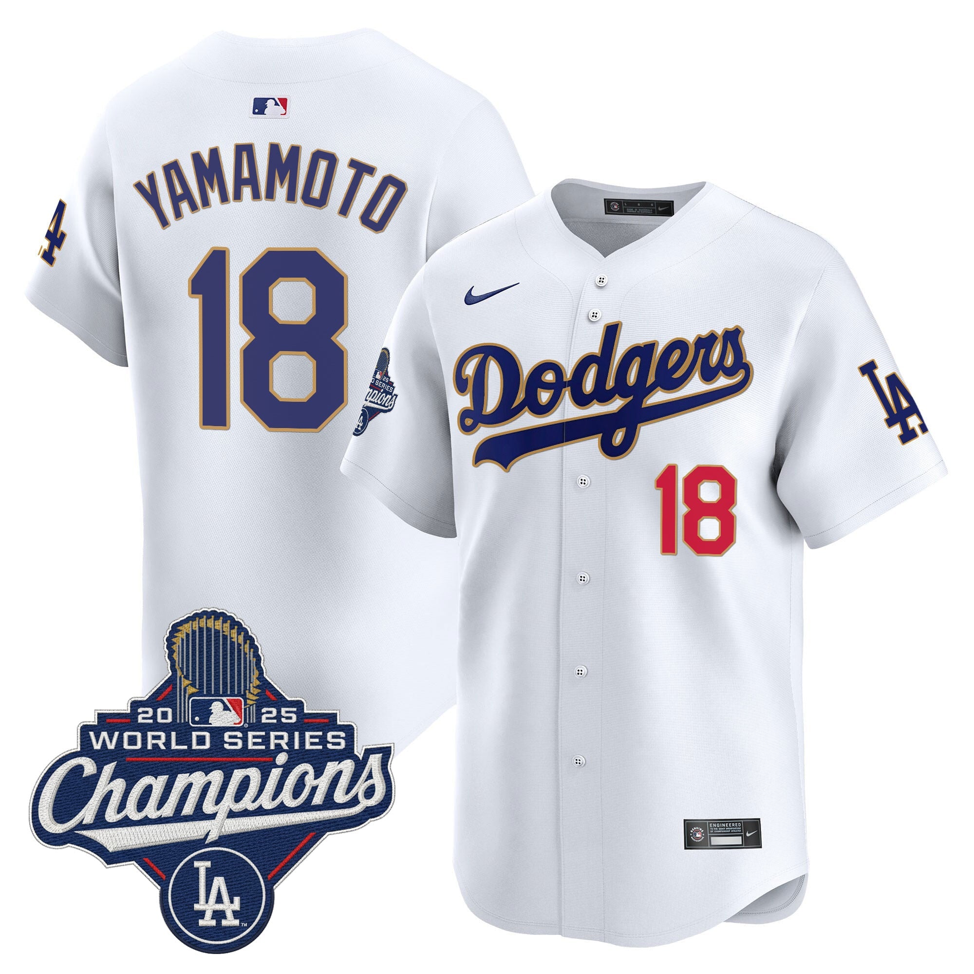 Men's Dodgers 2025 World Series Champions Patch Gold Trim Vapor Premier Limited Jersey - All Stitched