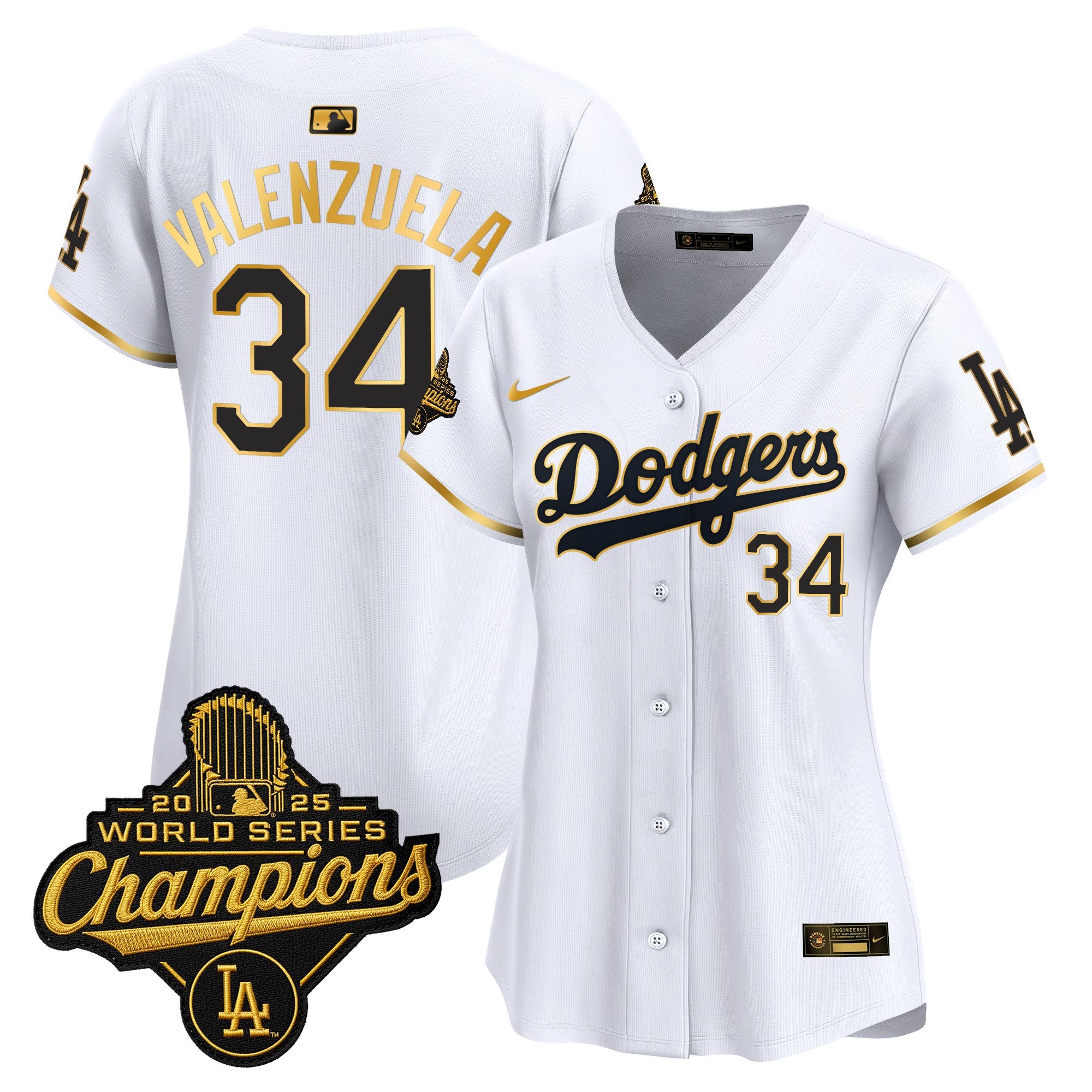 Women's Dodgers 2025 World Series Champions Patch Gold Trim Vapor Premier Limited Jersey - All Stitched