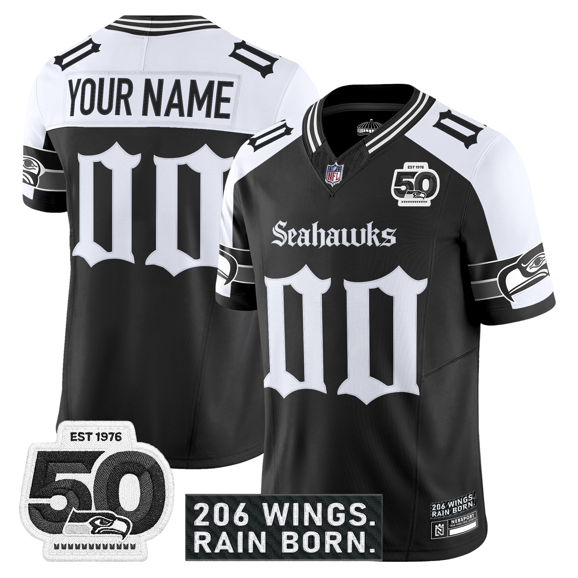 Seattle Seahawks 'Gothic Rain City Shadows Edition' Vapor Custom Jersey - 50th Anniversary Patch - All Stitched