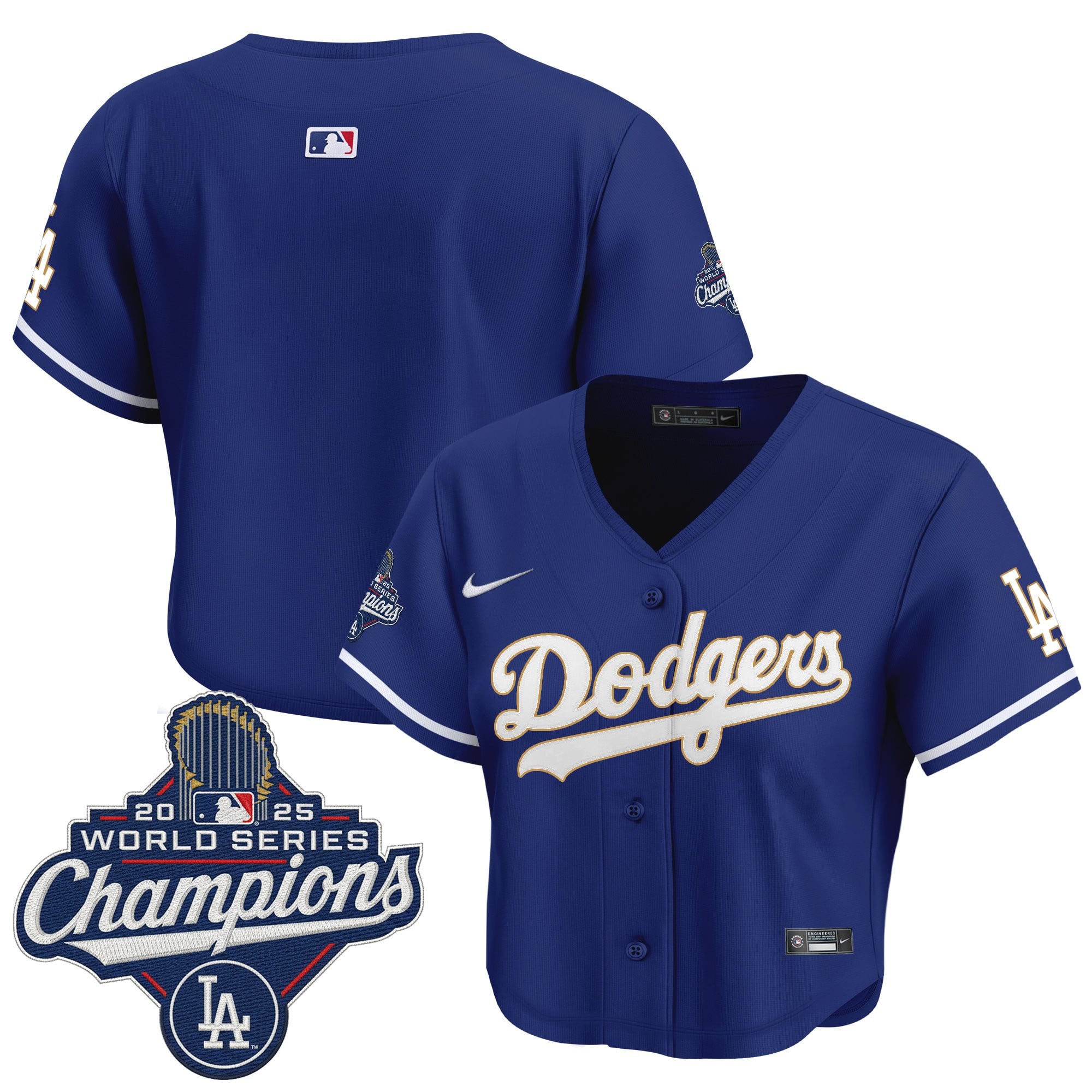 Women's Dodgers 2025 World Series Champions Patch Gold Trim Crop Top Baseball Jersey - All Stitched