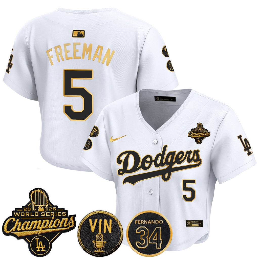 Women's Dodgers 2025 World Series Champions Crop Top Baseball Jersey - Vin Scully & Fernando Patch - All Stitched