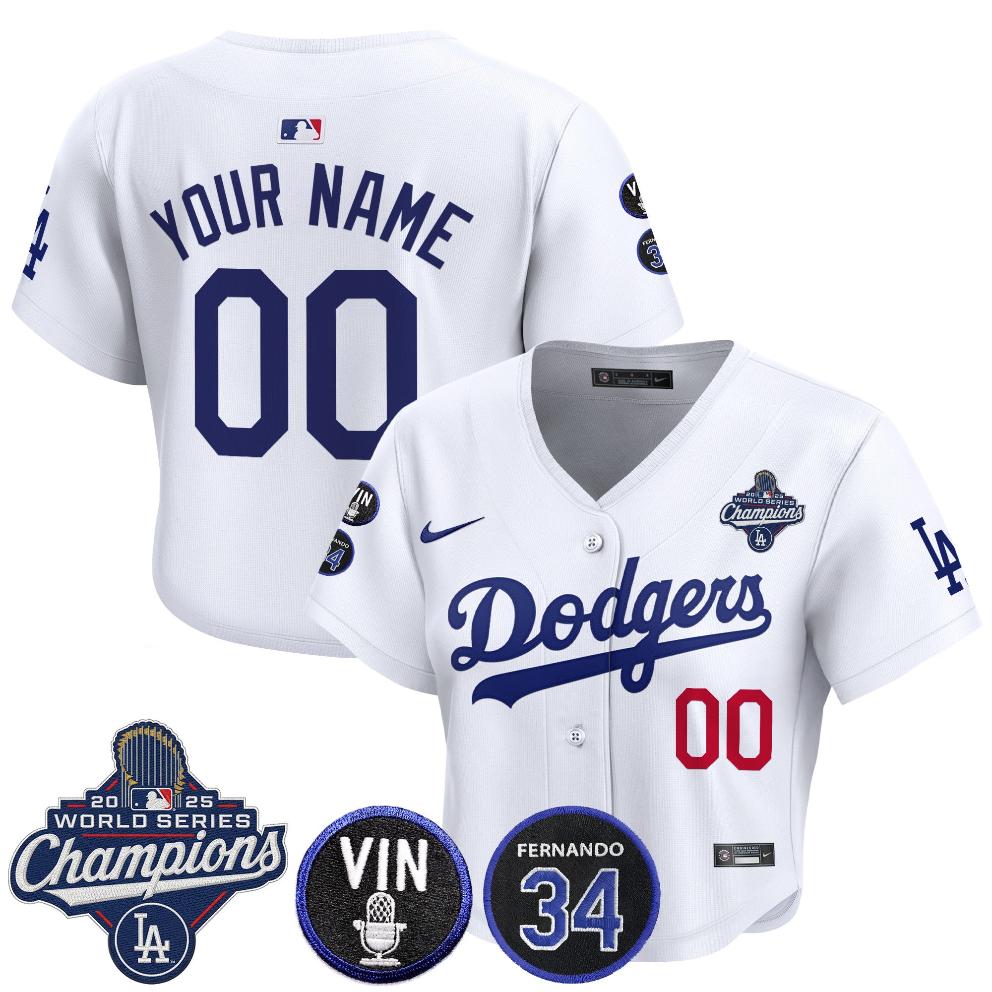 Dodgers 2025 World Series Champions Crop Top Baseball Custom Jersey - Vin Scully & Fernando Patch - All Stitched
