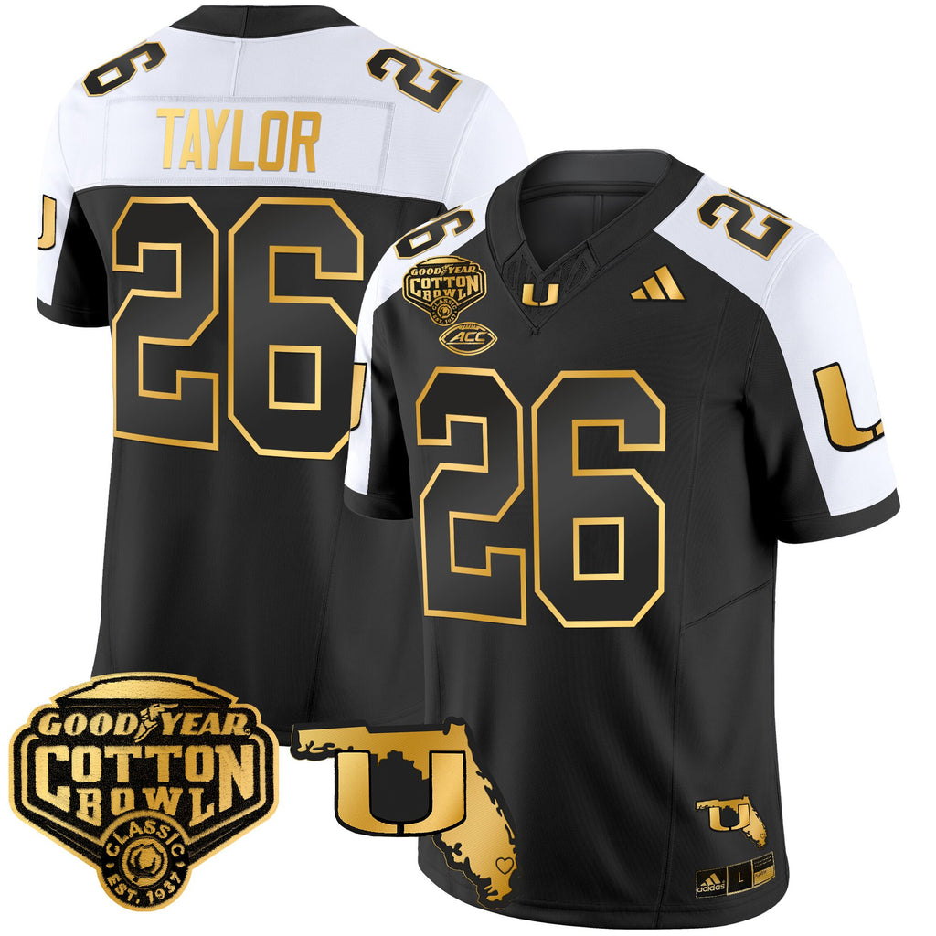 Men's Miami Hurricanes 2025/26 Cotton Bowl & Florida Patch Gold Vapor Limited Jersey - All Stitched