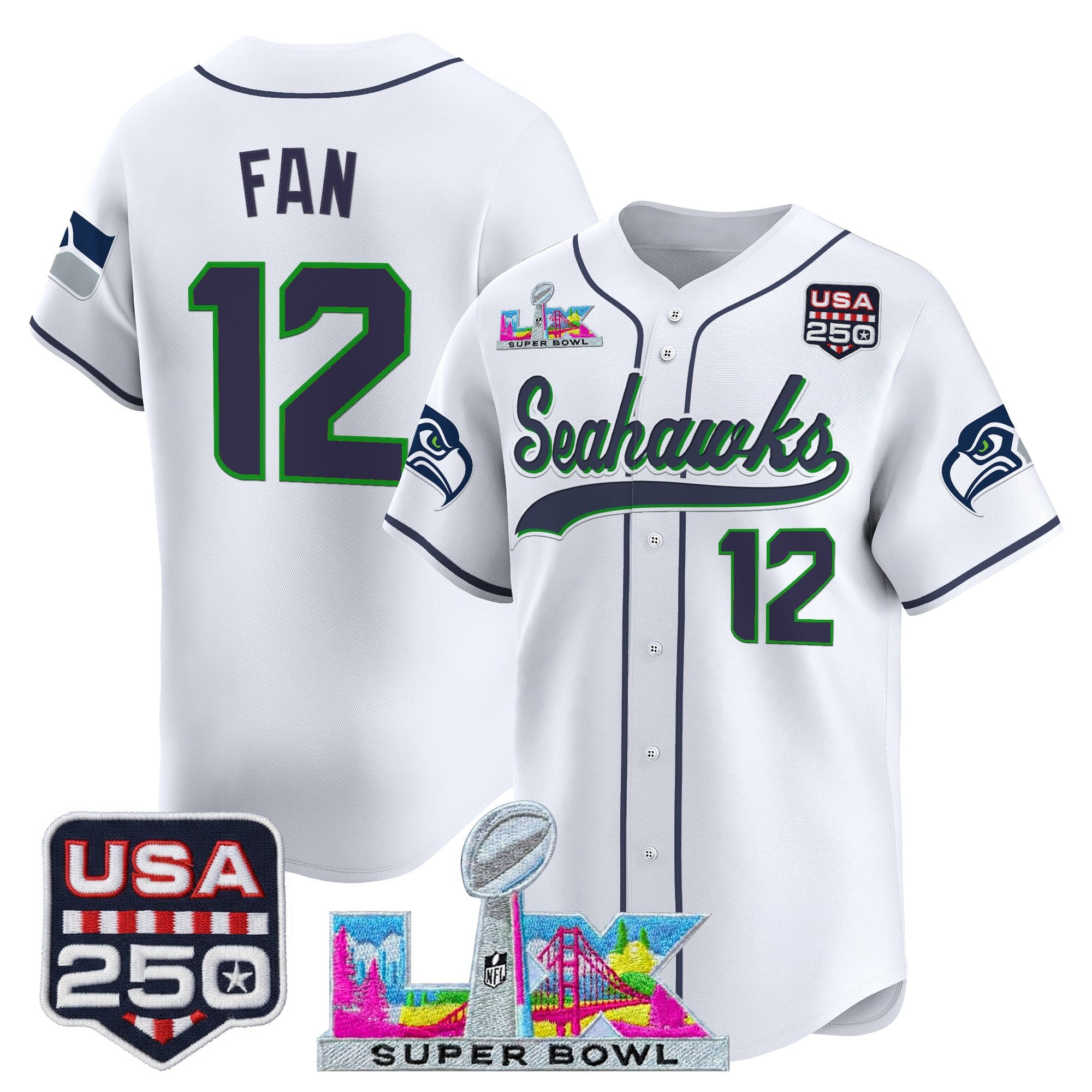 Men's Seattle Seahawks "Super Bowl LX & 250America Patch" Vapor Baseball Jersey - All Stitched