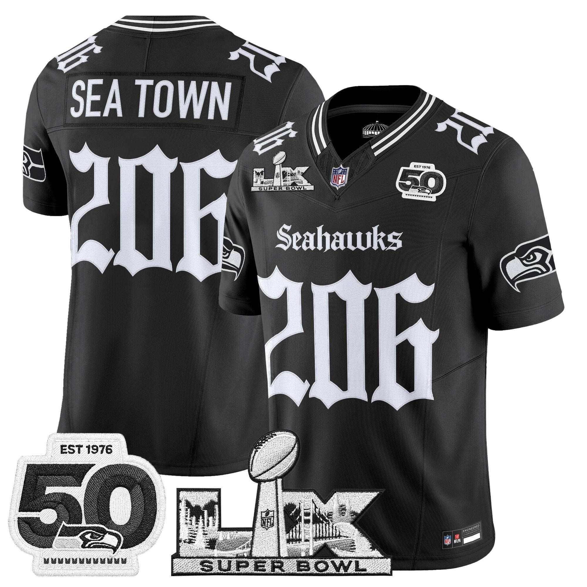 Men's Seattle Seahawks "Super Bowl LX & 50th Patch" Vapor Limited Jersey - Gothic Edition - All Stitched