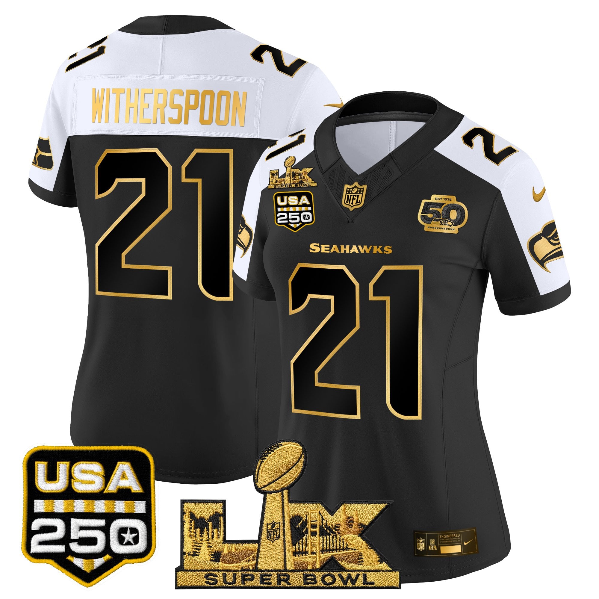 Women's Seattle Seahawks "Super Bowl LX & United States 250th Anniversary Patch" Gold Vapor Limited Jersey - All Stitched