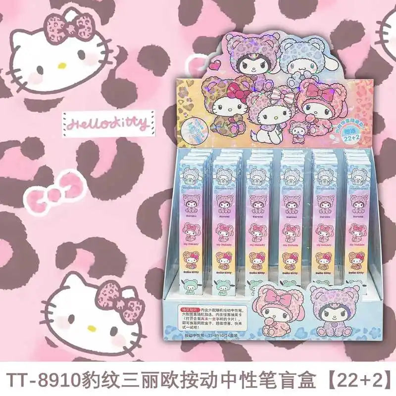 24pcs Anime Kitty Kuromi Leopard Print Press Turn Gel Pen 0.5mm Black Decompression Signature Pen Student Stationery Gift Wholes