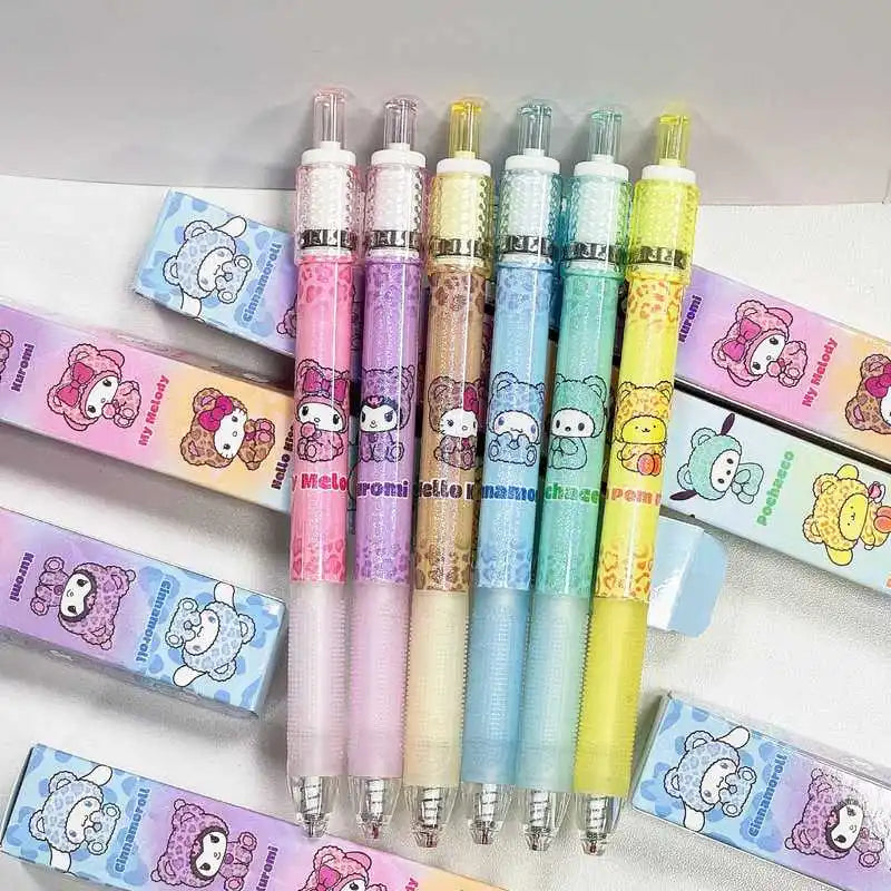 24pcs Anime Kitty Kuromi Leopard Print Press Turn Gel Pen 0.5mm Black Decompression Signature Pen Student Stationery Gift Wholes