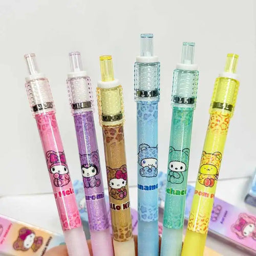 24pcs Anime Kitty Kuromi Leopard Print Press Turn Gel Pen 0.5mm Black Decompression Signature Pen Student Stationery Gift Wholes