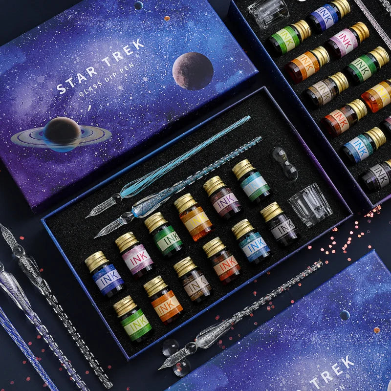 Free Starry Sky Glass Pen Set Signature Pen Crystal Student Dip Pen Glass Dip Pen Gift Pen Set of 16